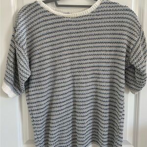 Crewneck Short-Sleeve Striped Knit Sweater - Blue and Cream